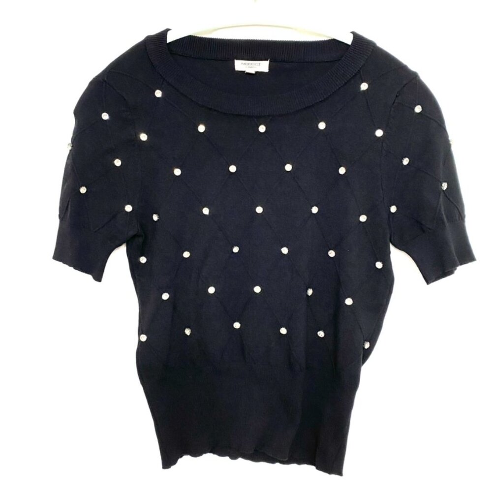💎 Black Moocci Paris Swarovski-Embellished Short Sleeve All-Season Knit Top M/L